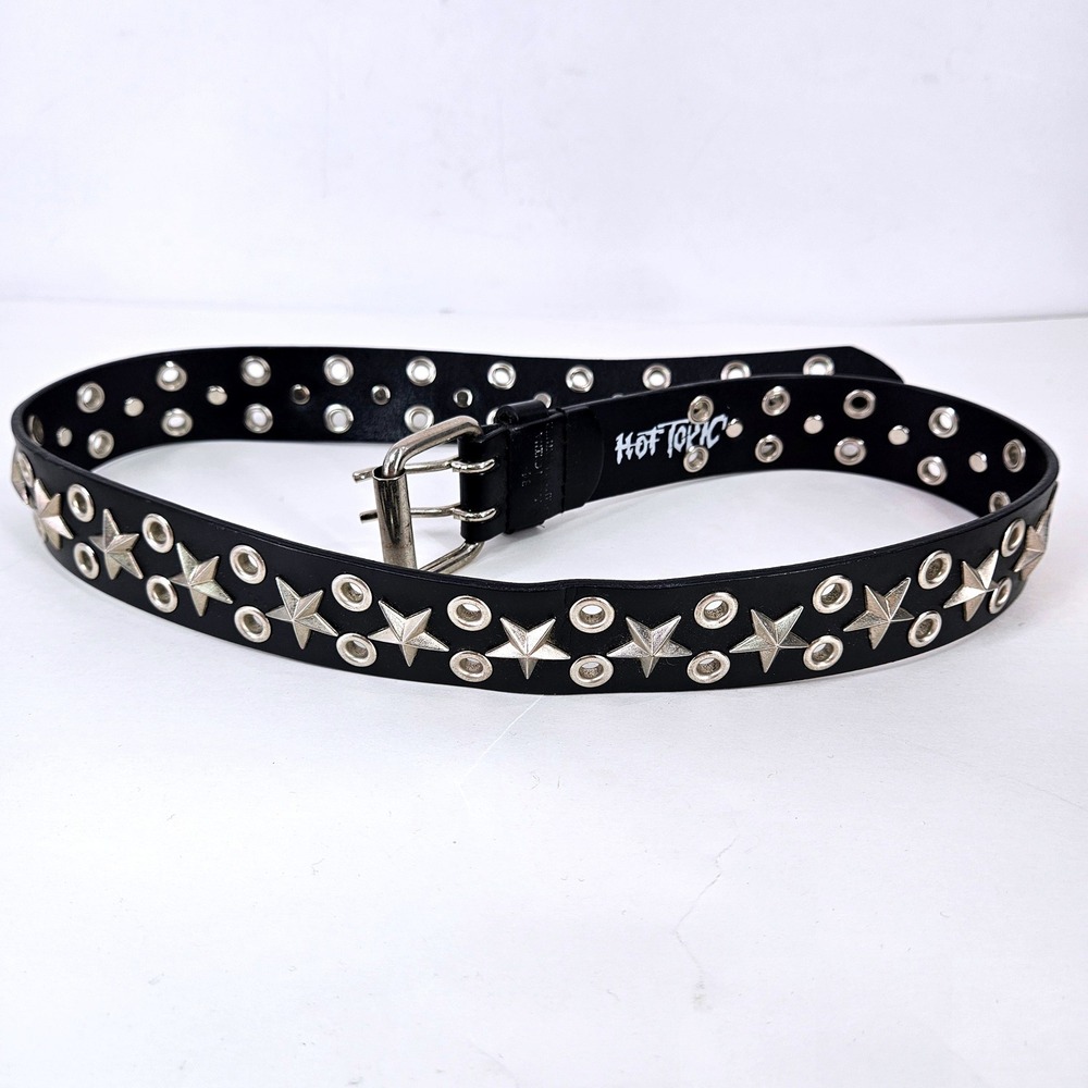 Vintage Hot Topic Black Genuine Leather Star Studded Grommet Belt Sz 34 90s y2k